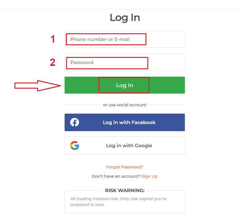 Formulário de login da IQ Option com campos de e-mail e senha