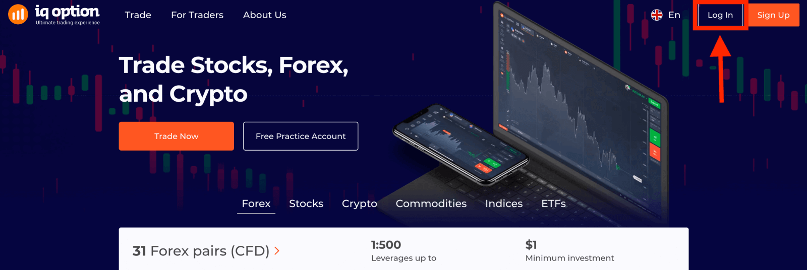 Tela inicial da plataforma IQ Option com destaque para o botão de login