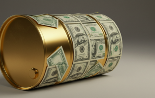 Gold plated oil barrel with dollar bills