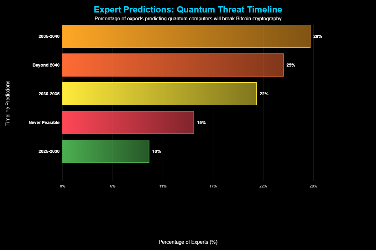 Uma pesquisa conduzida pelo Global Risk Institute revelou que aproximadamente 22,7% dos especialistas acreditam haver boa probabilidade de computadores quânticos quebrarem RSA-2048 até 2030, enquanto cerca de 50% acreditam que isso acontecerá até 2035