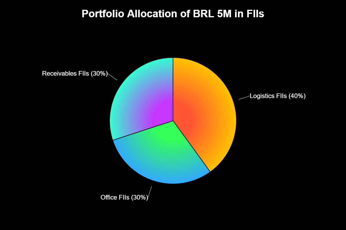 Quanto Rende 5 Milhões em Fundos Imobiliários? 2 "Distribuição de R$ 5 milhões em FIIs: 40% logística, 30% escritórios, 30% recebíveis